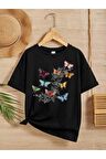 Unisex Rahat Kalıp Pamuklu Baskılı Siyah Çocuk T-shirt