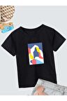 Ünisex Rahat Kalıp Pamuklu Baskılı Siyah Çocuk T-shirt