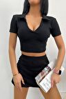 Kadın Polo Yaka Crop Bluz