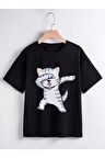 Unısex Rahat Kalıp Pamuklu Havalı Kedicik Baskılı Çocuk T-shirt