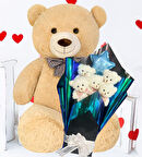 Premium 90 cm Peluş Ayı ve Yıldız Balonlu, Hologramlı Sunumda Beyaz Peluş Ayıcık Buketi