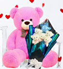 Premium 90 cm Peluş Ayı ve Yıldız Balonlu, Hologramlı Sunumda Beyaz Peluş Ayıcık Buketi