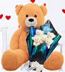 Premium 90 cm Peluş Ayı ve Yıldız Balonlu, Hologramlı Sunumda Beyaz Peluş Ayıcık Buketi