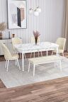 Rovena Leona Beyaz Mermer 80x132 Açılabilir Mdf Yemek Odası Takımı 4 Adet Sandalye + 1 Bench