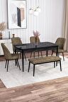 Rovena Marin Siyah Mermer 80x132 Açılabilir Suntalam Yemek Odası Takımı 4 Adet Sandalye + 1 Bench