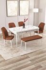 Rovena Zayn Beyaz Mermer 80x132 Açılabilir Suntalam Yemek Odası Takımı 4 Adet Sandalye + 1 Bench