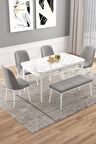 Rovena Vals Beyaz Mermer 80x132 Açılabilir Mdf Mutfak Masası Takımı 4 Adet Sandalye+1 Bench