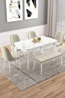Rovena Vals Beyaz Mermer 80x132 Açılabilir Mdf Mutfak Masası Takımı 4 Adet Sandalye+1 Bench