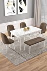 Rovena Vals Beyaz Mermer 80x132 Açılabilir Mdf Mutfak Masası Takımı 4 Adet Sandalye+1 Bench