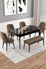 Rovena Vals Siyah Mermer 80x132 Açılabilir Mdf Mutfak Masası Takımı 4 Adet Sandalye+1 Bench
