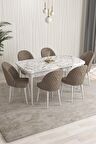Rovena Arjeta Beyaz Mermer 80x132 Açılabilir Mdf Mutfak Masası Takımı 6 Adet Sandalye