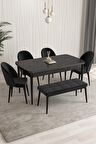 Rovena Arjeta Siyah Mermer 80x132 Açılabilir Mdf Mutfak Masası Takımı 4 Adet Sandalye+1 Bench