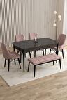 Rovena Flora Siyah Mermer 80x132 Açılabilir Mdf Yemek Odası Takımı 4 Adet Sandalye+1 Bench