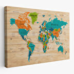 Harita Sepeti Ahşap Görünümlü Dünya Haritası Ayrıntılı ve Dekoratif Kanvas Tablo 1801