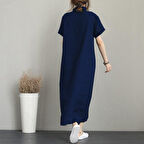 Barbora Keten Günlük Kısa Kol Tam Boy Yazlık Salaş Kadın Elbise LN245lacivert13