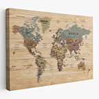 Harita Sepeti Ahşap Görünümlü Dünya Haritası Ayrıntılı ve Dekoratif Kanvas Tablo 1813