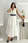Paraşüt Kumaş Kemerli Elbise Beyaz
