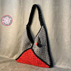 Uretti - Emine 9106 - El Örgüsü Ahşap Boncuk Detaylı Çanta - Gri - Kırmızı