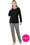 Kadın Düğmesiz V Yaka Siyah Etnik Desenli 3 Düğmeli Likralı Bambu Mevsimlik Uzun Kol Pijama Takımı