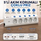 5'li Akım Korumalı Çoklu Priz 2 Metre Kablolu 3680W 16A 5 Bağımsız Anahtarlı 2 USB-A 2 USB-C PD 20W Hızlı Şarj Destekli