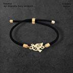 Güçlü ve Cesur Siyah Örgülü 14 Ayar Altın Plakalı ve Kuş Motifli Temmuz Bilekliği