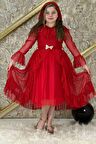 Kız Çocuk Güpür Detaylı Yakası Fırfırlı Puantiyeli Eteği Kabarık Tüllü Kırmızı Abiye