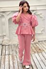Kız Çocuk Fermuar ve Kemer Detaylı Kruvaze Yaka Pembe Alt Üst Takım
