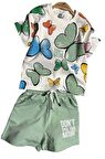 Kız Çocuk Kelebek Desenli Kısa Kollu Yeşil Şortlu Takım