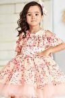 Kız Çocuk Omzu Açık Göğsü Fırfırlı Çiçek Detaylı Somon Abiye