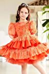 Kız Çocuk Çiçek Detaylı Katkat Fırfırlı Turuncu Abiye