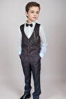 Erkek Çocuk Cepken Yelekli Ekose Desenli Mürdüm Çizgi Detaylı Takım Elbise 5-9 Yaş