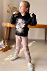 Kız Çocuk Kollarında Yazı Detayları ve Önü Çiçek Baskılı Bej Eşofman Takım