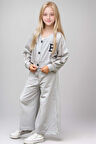 Kız Çocuk Harf Baskılı Düğmeli Kolej Hırka Bol Kesim Paça Gri Eşofman Takım