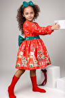 Kız Çocuk Üzeri Ev ve Ayıcık Desenli Beli Şerit Üzeri Puantiyeli Kırmızı Noel Elbise