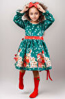 Kız Çocuk Üzeri Ev ve Ayıcık Desenli Beli Şerit Üzeri Puantiyeli Yeşil Noel Elbise