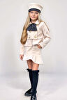 Kız Çocuk Asimetrik Kesim ve Düğme Detaylı Ceket Eteği Fırfır Detaylı Krem Kaşe Etekli Takım