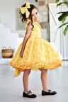 Kız Çocuk Yakası ve Etek Ucu Fırfırlı Üzeri Gül Baskılı Kolsuz Sarı Elbise