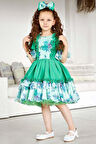 Kız Çocuk Balon Kollu Göğsü Çiçek Detaylı Etek Ucu Fırfırlı Astarlı Yeşil Elbise
