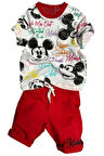 Erkek Çocuk Renkli Yazılar ve Karakter Baskılı Kırmızı Şortlu Takım