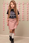 Kız Çocuk Little Boss Yazı Baskılı T-Shirt Cep Detaylı Kemerli Pudra Deri Etekli Takım