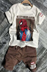 Erkek Çocuk Örümcek Adam Karakter ve Yazı Baskılı T-shirt İp Detaylı Kahverengi Şortlu Takım