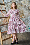 Kız Çocuk Üzeri Gül Desenli Yakası ve Eteği Kat Kat Fırfırlı Pliseli Pembe Elbise