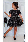 Kız Çocuk Üzeri Pulpayet İşlemeli Püsküllü Parlak Siyah Elbise