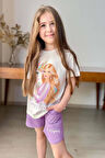 Kız Çocuk Üzeri Digital Bebek ve At Baskılı Yazı Detaylı T-shirt Lila Şortlu Takım