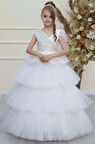 Kız Çocuk Gövdesi İnci Taş İşlemeli Kat Kat Tüllü Kolsuz Beyaz Abiye
