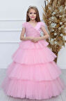 Kız Çocuk Gövdesi İnci Taş İşlemeli Kat Kat Tüllü Kolsuz Pembe Abiye