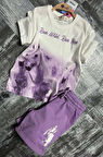 Kız Çocuk Üzeri Digital At ve Yazı Baskılı Lila Şortlu Takım