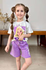 Kız Çocuk Papatya Ve The Beauty Yazı Baskılı Penye T-Shirt Lila Şortlu Takım