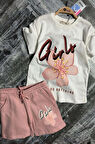 Kız Çocuk Çiçek Ve Girl Yazı Baskılı Penye T-Shirt Pudra Şortlu Takım