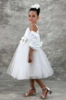 Kız Çocuk Kare Yaka Sıfır Kol Eteği Tüllü Kabarık Saten Kolluk Detaylı Beyaz Abiye